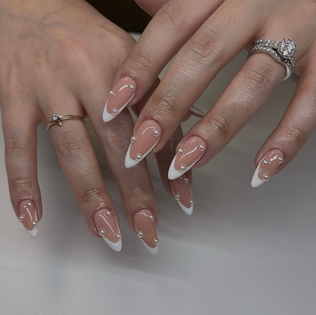 Medium Stiletto Scattered Pearl French — Wedding Nails