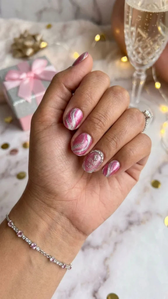 Metallic Pink Silver Swirl Short Square Nails Metallic Pink Silver Swirl Short Square Nails — Birthday Nails