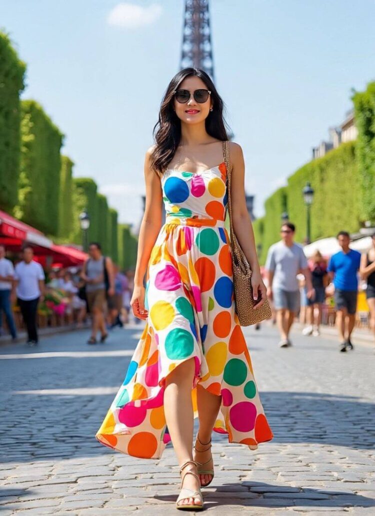 Strapless Polka Dot Midi Dress for Chic European Travel Strapless Polka Dot Midi Dress for Chic European Travel — Europe Outfits