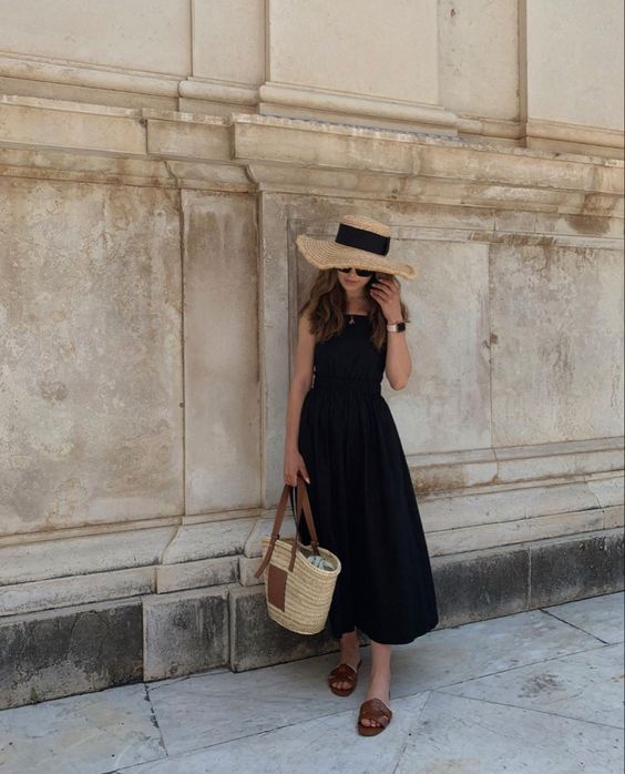 Effortless Black A-Line Midi Dress with Straw Hat Effortless Black A-Line Midi Dress with Straw Hat — Cute Outfits