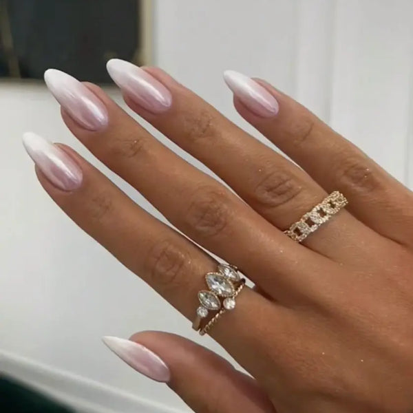 White Base Iridescent Chrome Almonds White Base Iridescent Chrome Almonds — Glazed Donut Nails