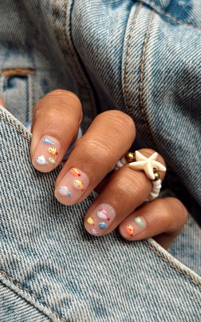 Playful Mini Fish Summer Round Nails Playful Mini Fish Summer Round Nails