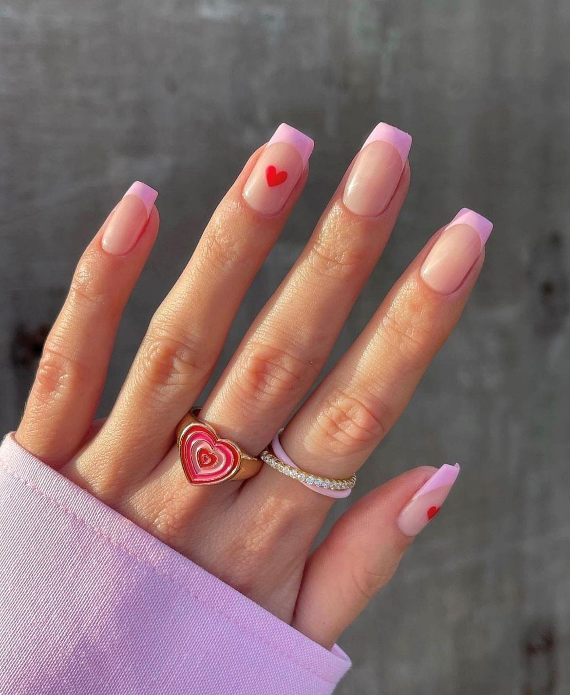 Medium Square Pink French With Red Heart Medium Square Pink French With Red Heart — Heart Nails
