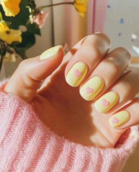 Short Oval Pale Yellow Heart Nails Short Oval Pale Yellow Heart Nails — Kawaii Nails