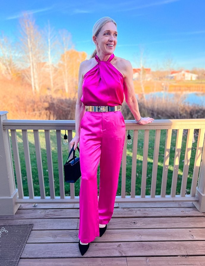 Bold Satin Set: Hot Pink Halter Top and Wide-Leg Pants Bold Satin Set: Hot Pink Halter Top and Wide-Leg Pants — Dressy Outfits