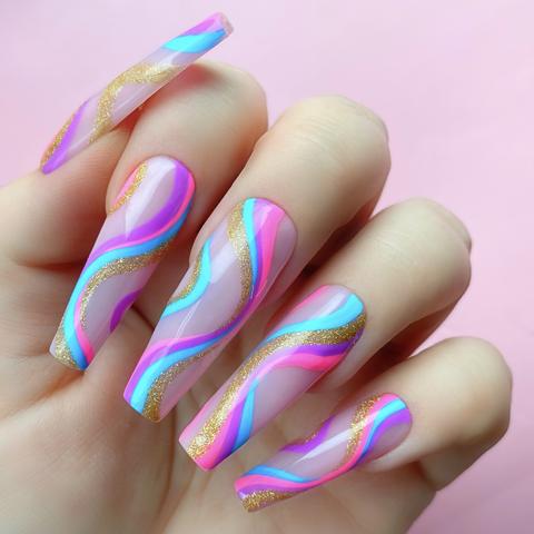 Vibrant Wavy Stripe Coffin Nails — Long Acrylic Nails