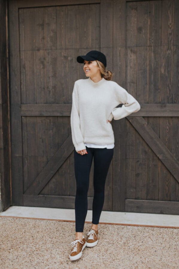 Cream Oversized Sweater with Navy Leggings and Leopard Sneakers — Comfy Outfits