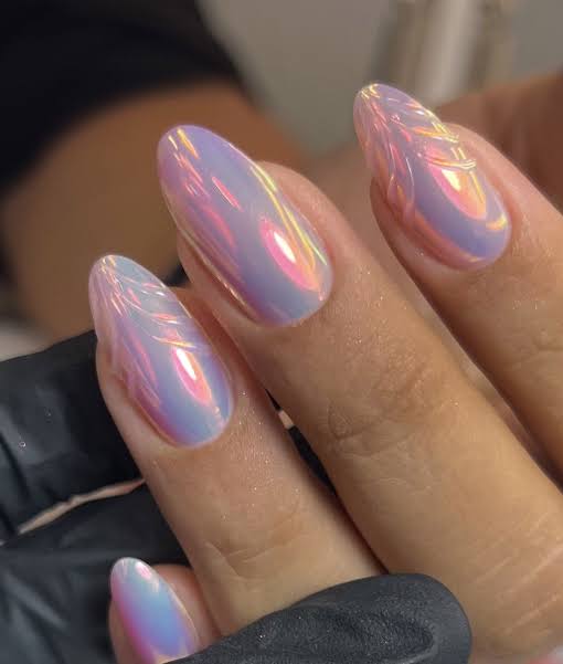 Iridescent Multi-Color Chrome Almond Iridescent Multi-Color Chrome Almond — Chrome Nails