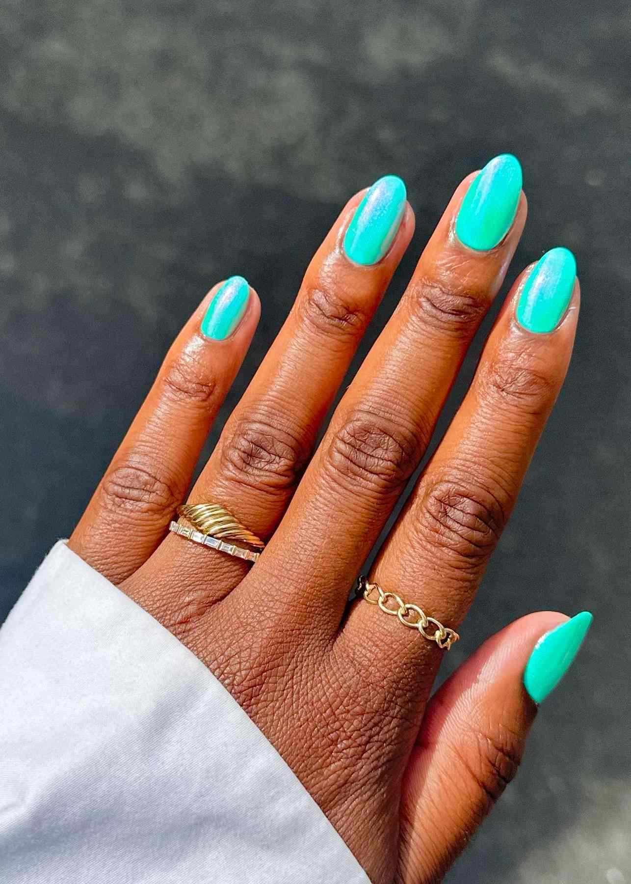 Shimmering Iridescent Glossy Iridescent Teal Shimmer Oval Nails — Teal Nails