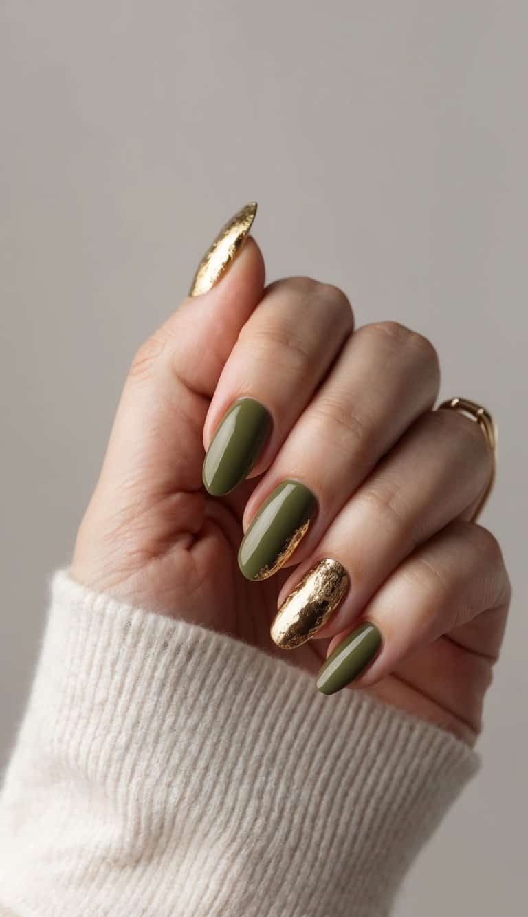 Short Oval Olive with Gold Foil Accents — Olive Green Nails