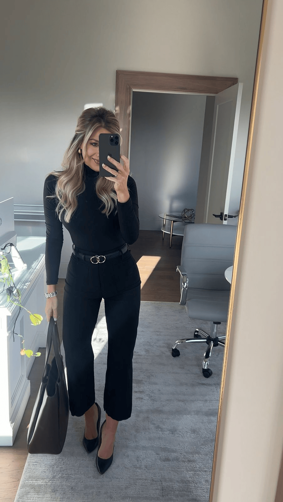 Sleek Minimalism: Black Turtleneck and Cropped Trousers with Belt Sleek Minimalism: Black Turtleneck and Cropped Trousers with Belt — Business Casual Outfits