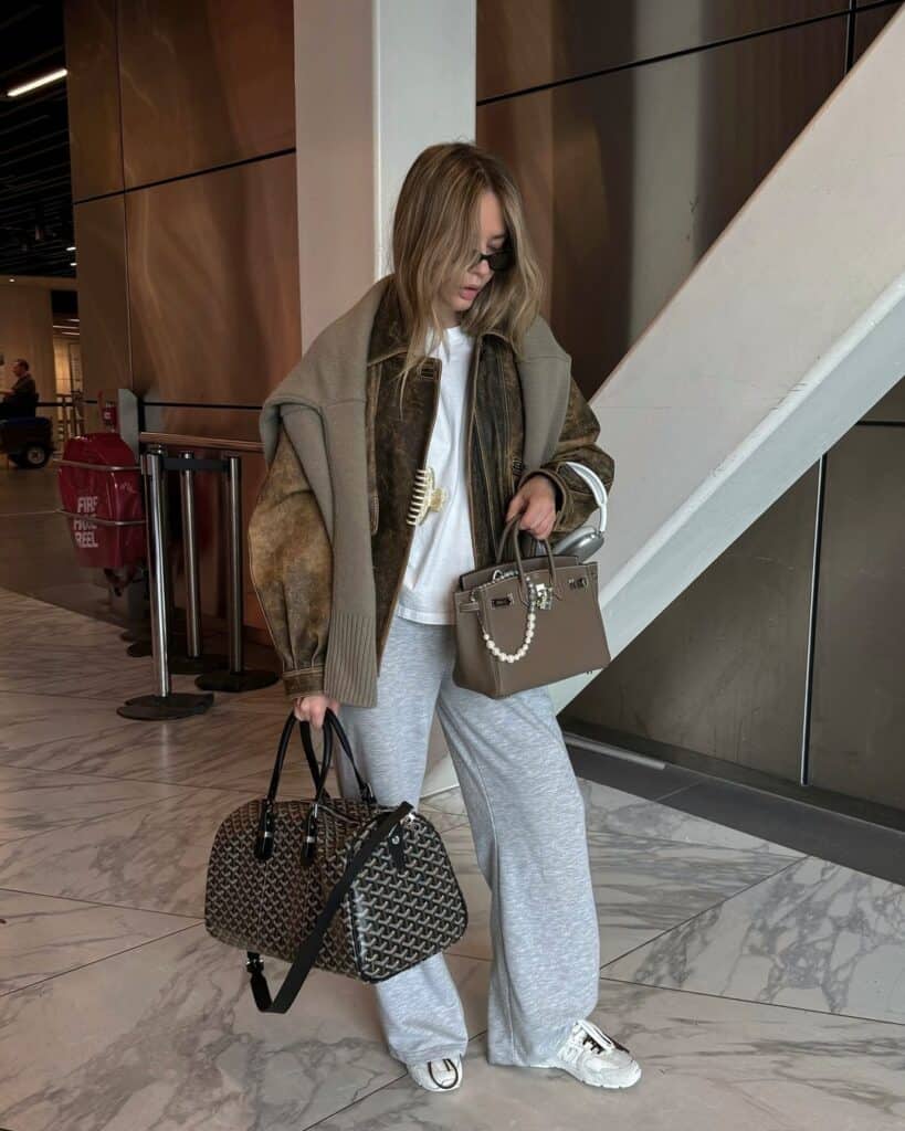 Shearling Jacket and Wide-Leg Pants for Cozy Travel — Airport Outfits