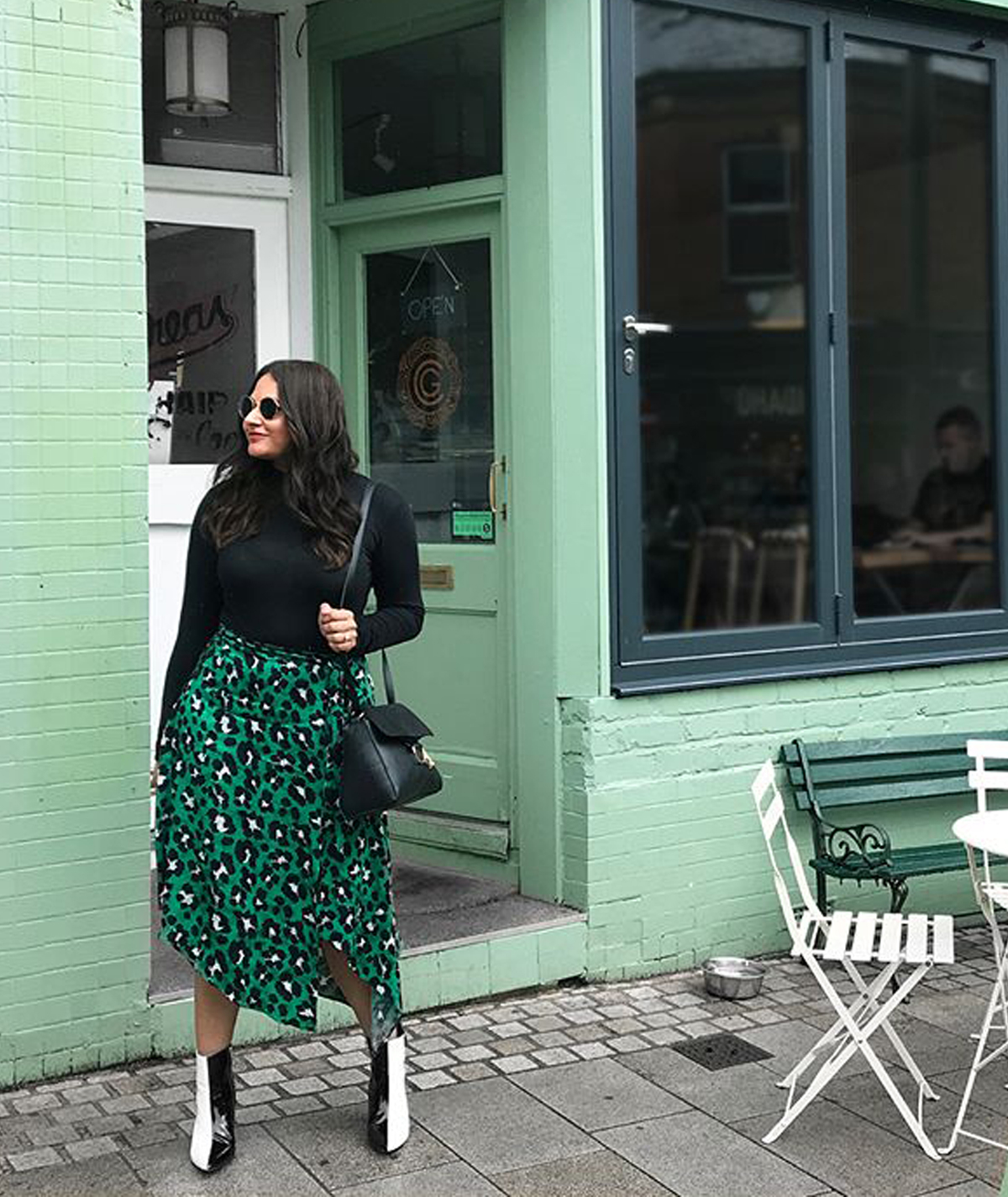Green Leopard Asymmetric Skirt with Black Turtleneck — Midsize Outfits