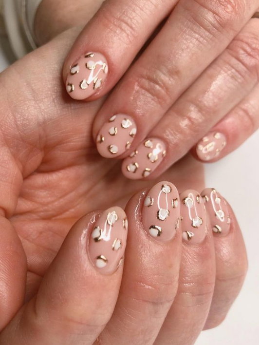 Pale Nude Leopard Spots with Gold — Nails for Women Over 40