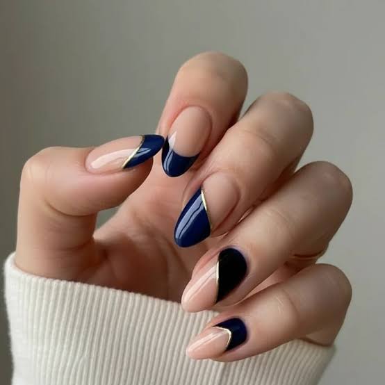 Nude Navy Geometric Almond Nails — Prom Nails