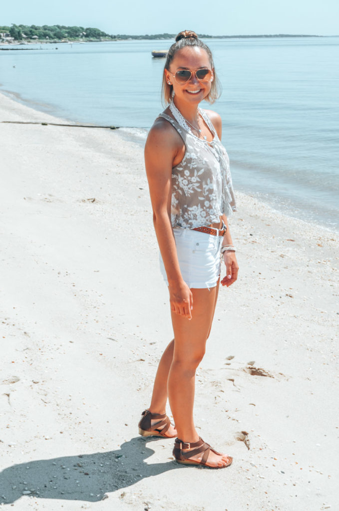 Sheer Floral Top with White Denim Shorts — Beach Outfits