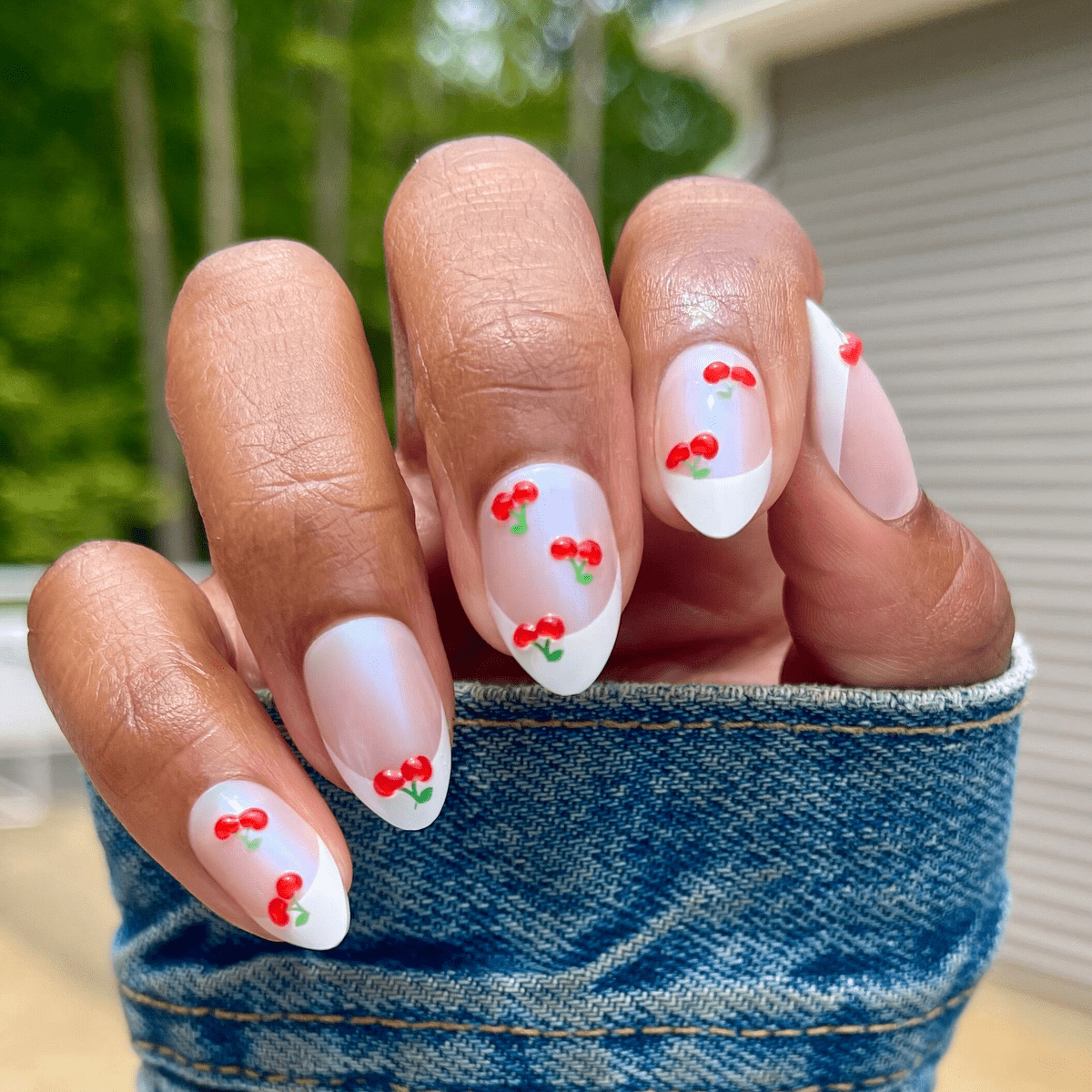 Medium Oval Iridescent With White French Cherries Medium Oval Iridescent With White French Cherries — Cherry Nails