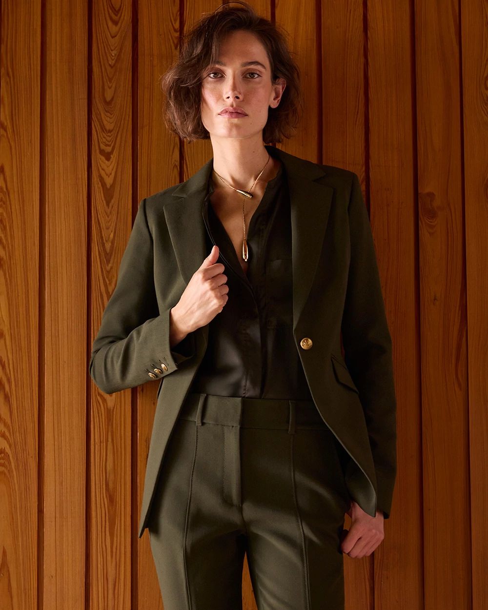 Olive Green Blazer, Black Shirt, and Trousers for a Modern Interview — Interview Outfits