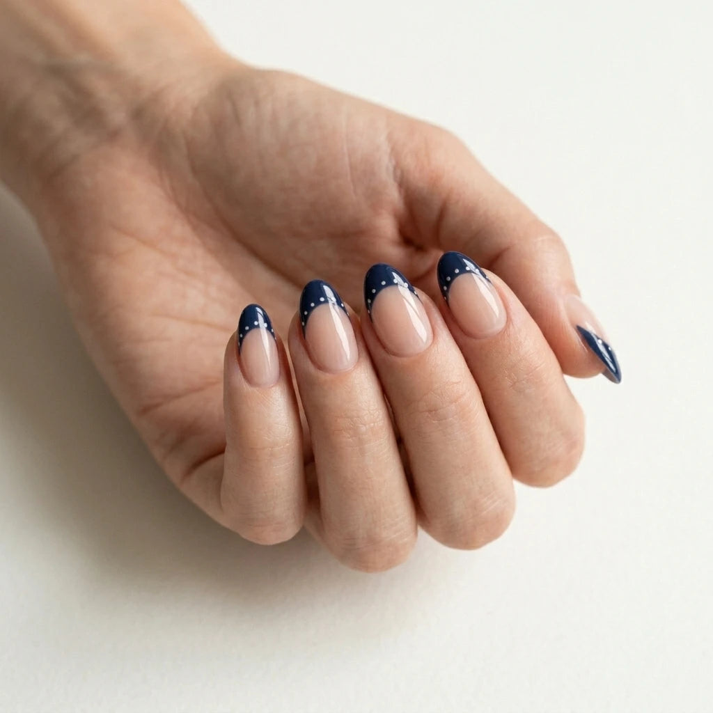 Navy French Tips with Delicate White Dot Accents — Blue French Tip Nails