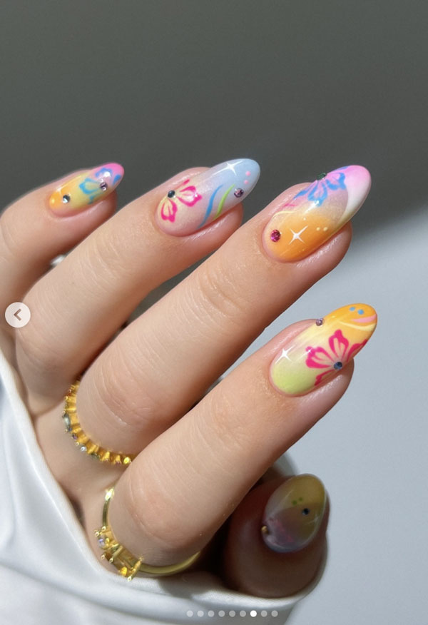 Bright Floral Gradient with Glitter — Vacation Nails