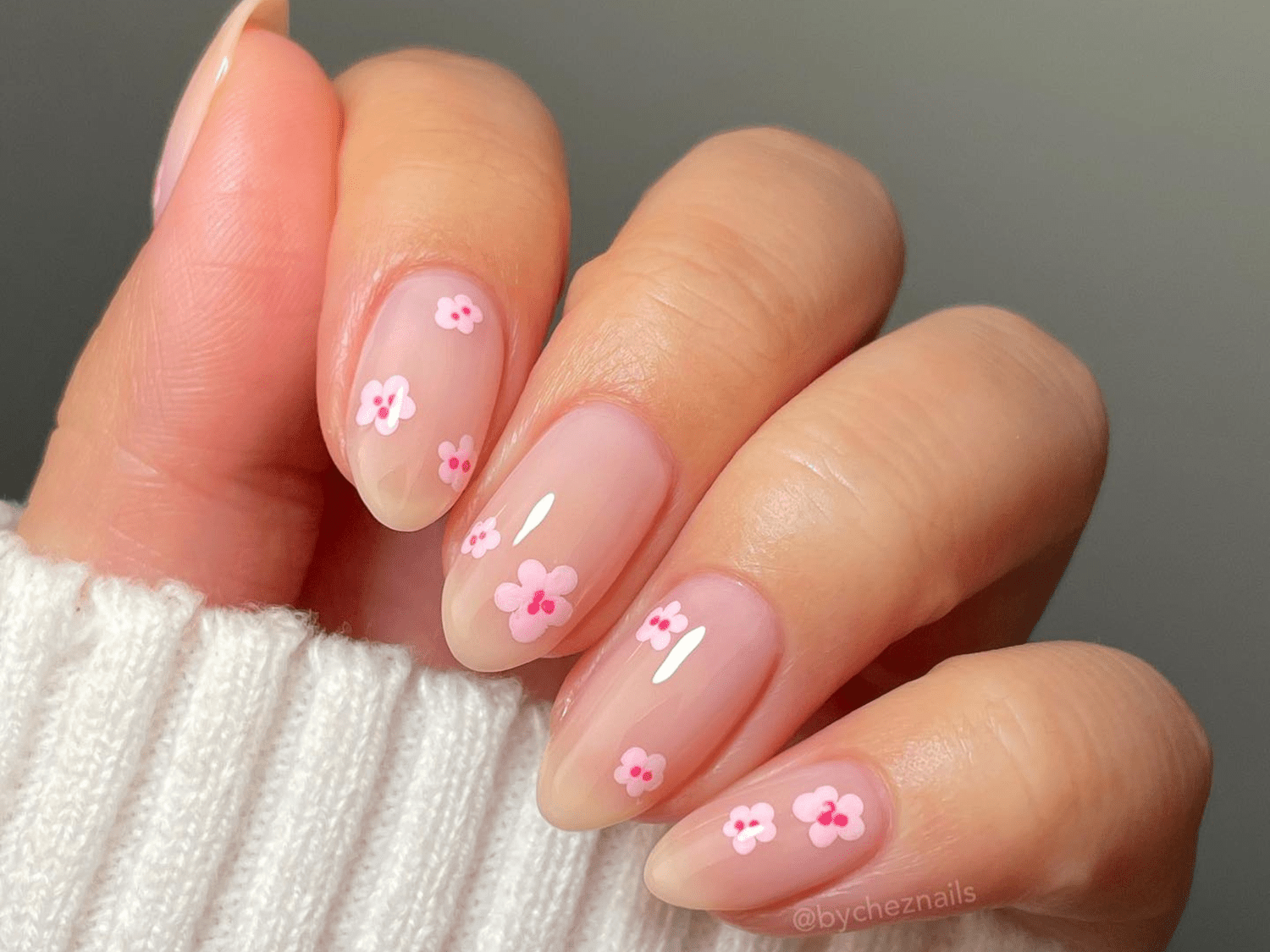 Milky Pink Delicate Floral Oval Nails Milky Pink Delicate Floral Oval Nails — Sweet 16 Nails