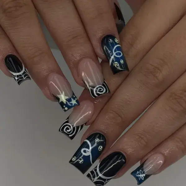 Artistic Nude with Blue Swirls and Spiderwebs — Builder Gel Nails