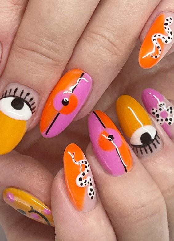 Bold Abstract Eyes and Snake Art — Mismatched Nails