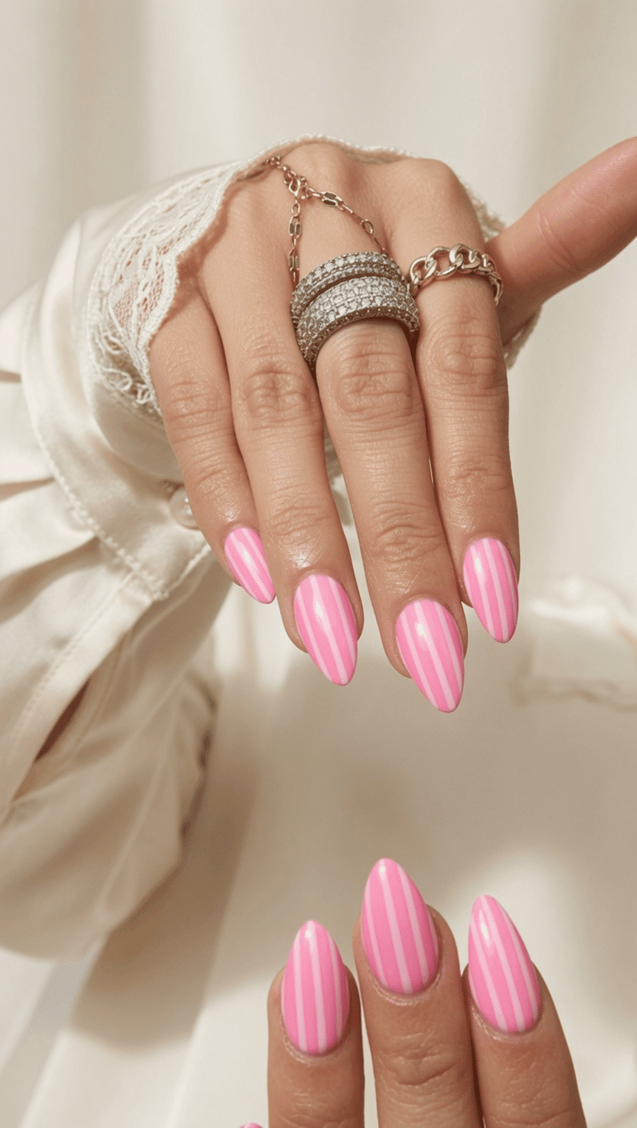 Thin White Stripes On A Bright Pink Base Visual Idea Thin White Stripes On A Bright Pink Base Visual Idea — Work Nails