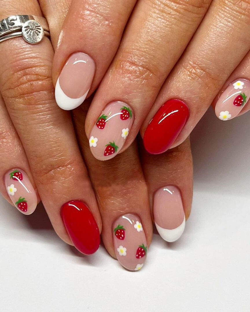 Bright Red With Strawberry French Accents — Red Nails