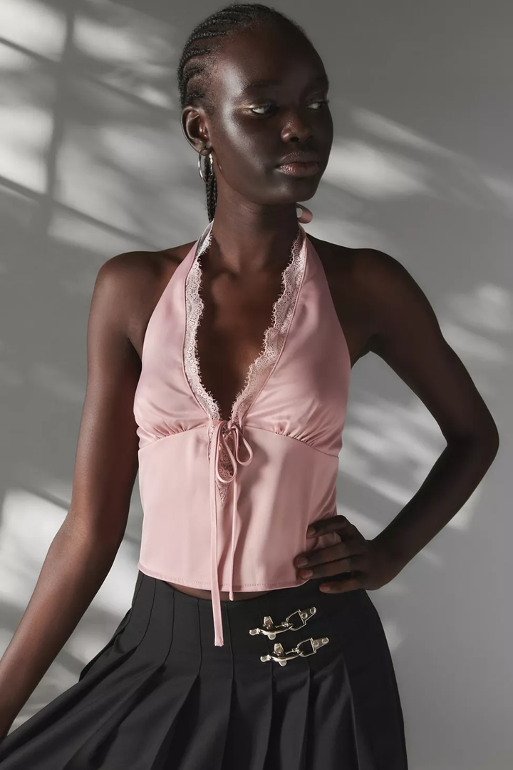 Satin Halter Top and Lace Trim with Pleated Skirt Satin Halter Top and Lace Trim with Pleated Skirt — Y2K Outfits