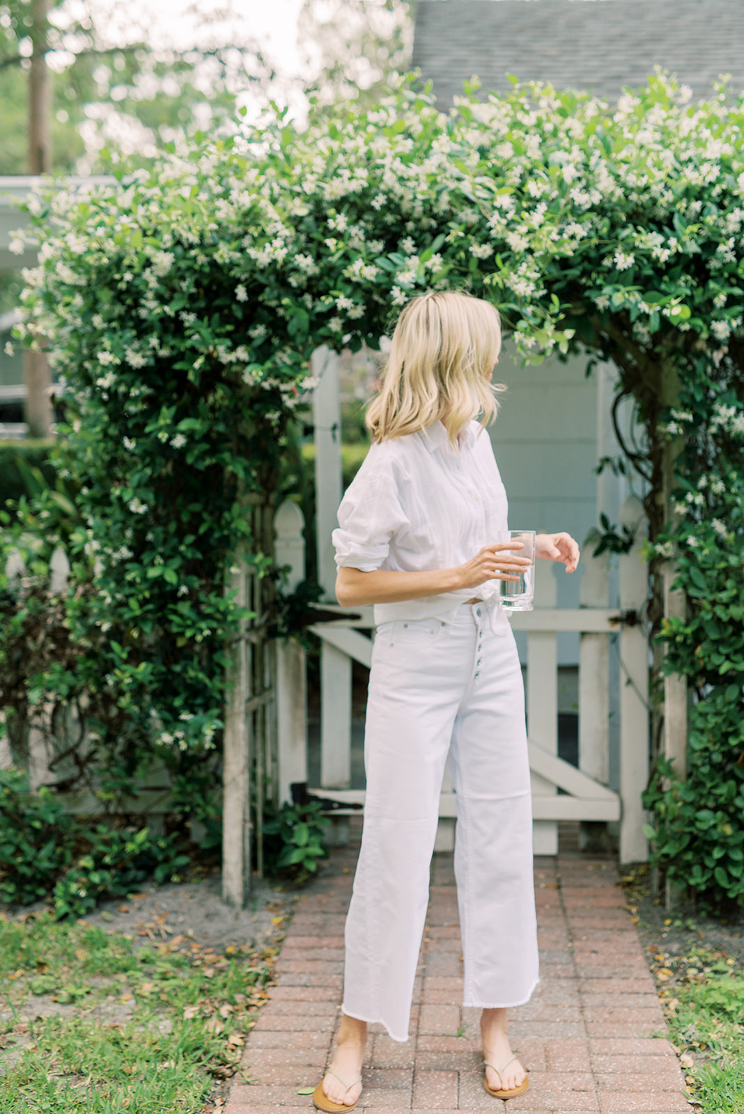 All-White Wide-Leg Pants and Relaxed Shirt — She Wears Tan Flip-Flops All-White Wide-Leg Pants and Relaxed Shirt — She Wears Tan Flip-Flops — Coastal Grandmother Outfits