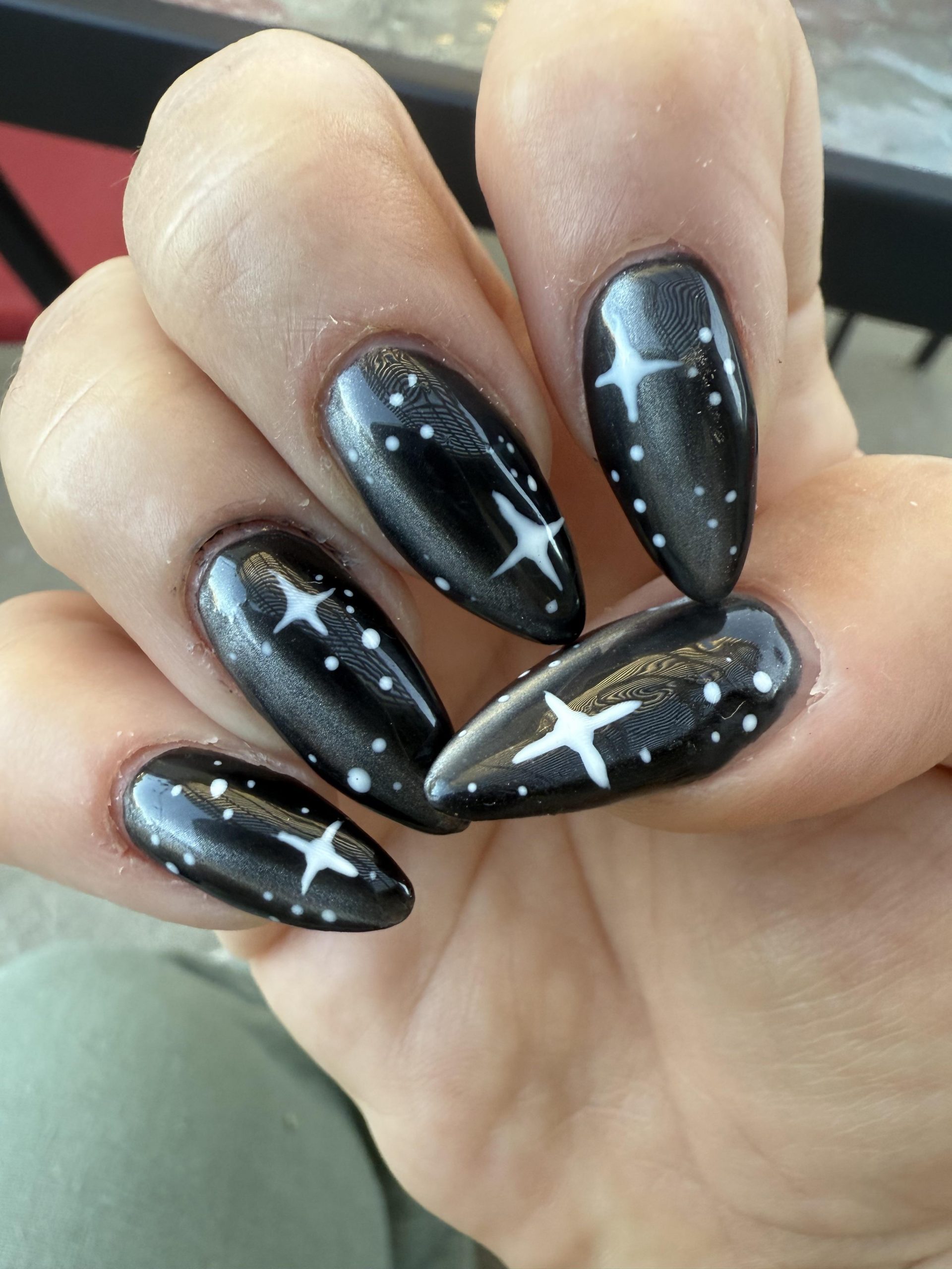 Glossy Black Starry Night Almonds Glossy Black Starry Night Almonds — Concert Nails