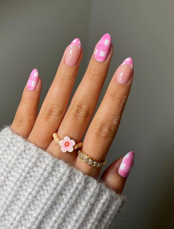 Pink and White Gingham French Almonds — Pink and White Nails