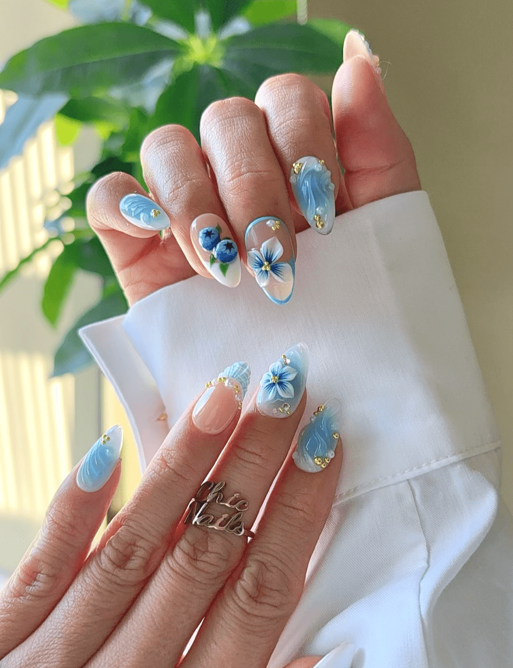 Light Blue 3D Waves and Flowers — 3D Nails