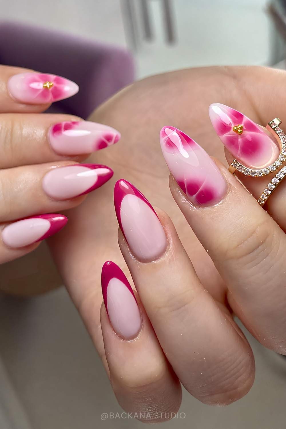 Vibrant Pink French Blooming Floral Almond Nails Vibrant Pink French Blooming Floral Almond Nails — Blooming Gel Nails