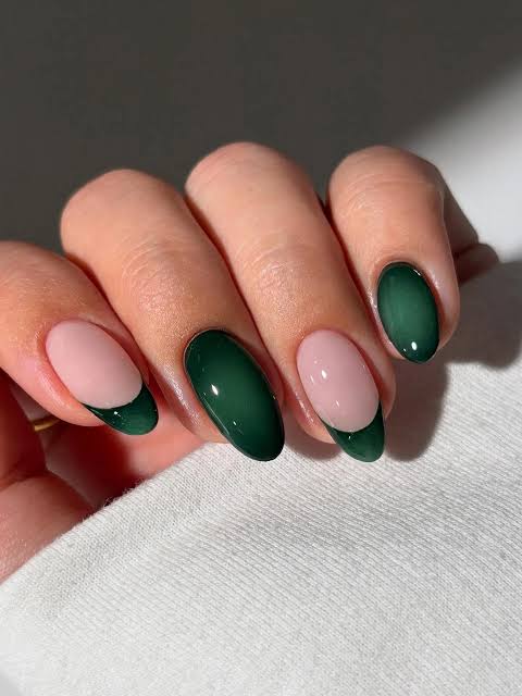 Forest Green Almond French Tip Nails