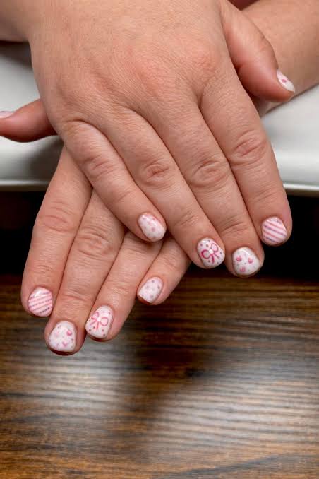 White With Pink Bows And Stripes — Very Short Nails