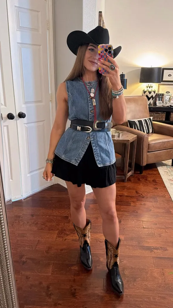 Denim Vest over Black Dress with Embellished Cowboy Boots Denim Vest over Black Dress with Embellished Cowboy Boots — Western Outfits