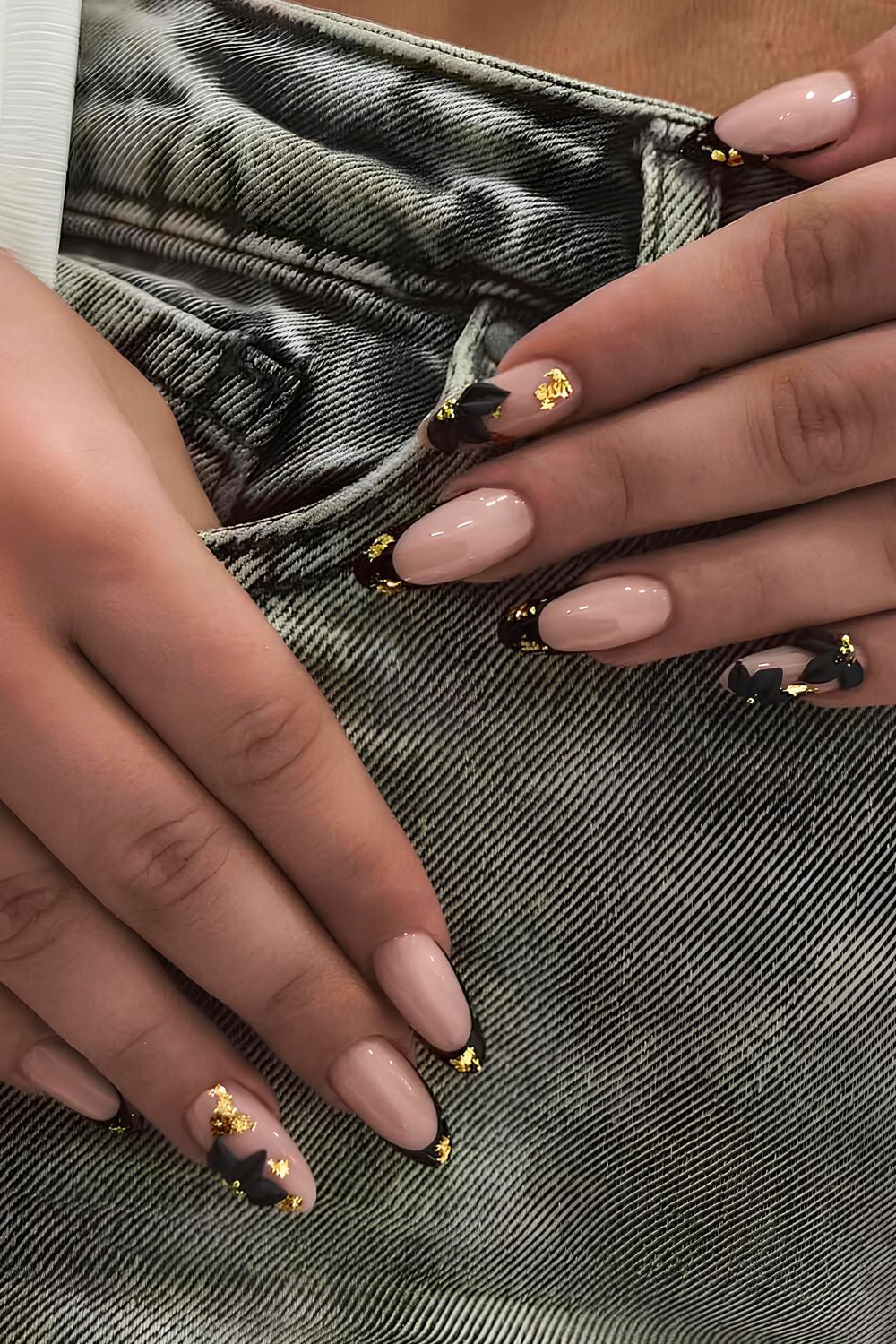 Nude with Black French Tips and Gold Foil Accents — Black and Gold Nails