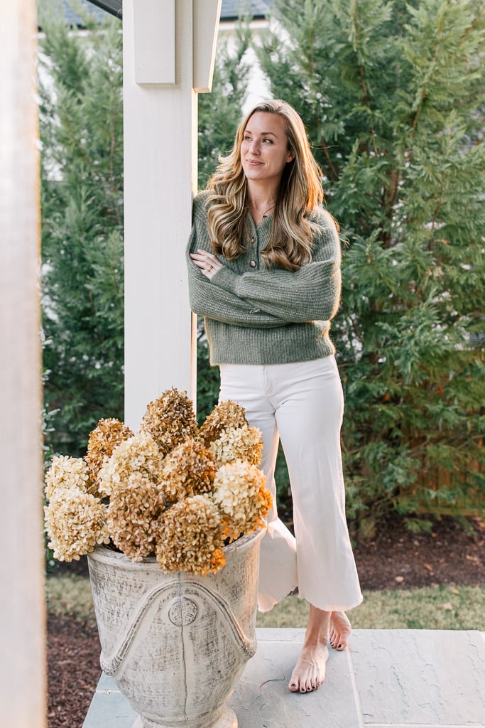 Green Knit Cardigan Over White Cropped Pants — Comfy Outfits