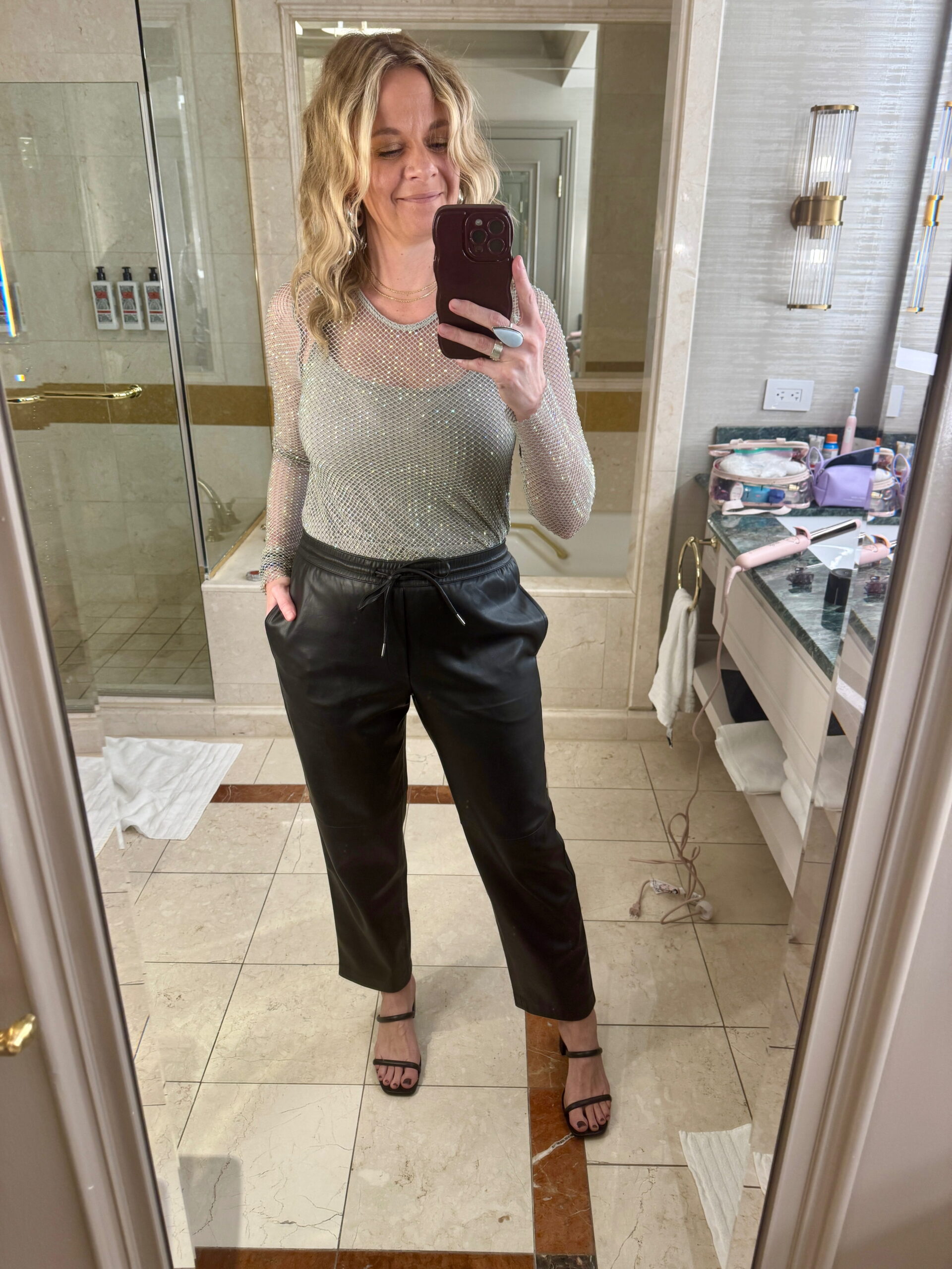 Showstopping Vegas Nightlife: Sparkly Mesh Top and Faux Leather Pants Showstopping Vegas Nightlife: Sparkly Mesh Top and Faux Leather Pants — Vegas Outfits