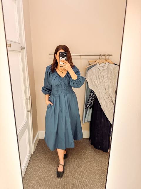 Blue Midi Dress with Smocked Bodice and Full Skirt — Midsize Outfits