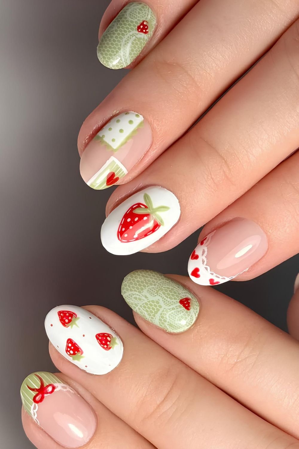 Strawberry Heart Lace Short Oval Nails — Strawberry Nails