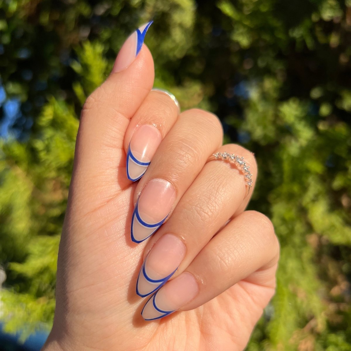 Double Blue French Tip Medium Almonds — Medium Almond Nails