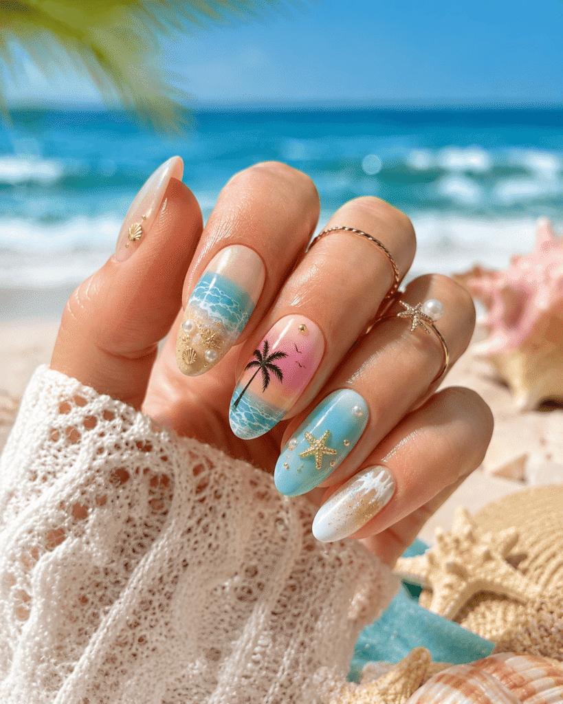 Summer Beach Scene Oval Nails Summer Beach Scene Oval Nails — Cute Nails