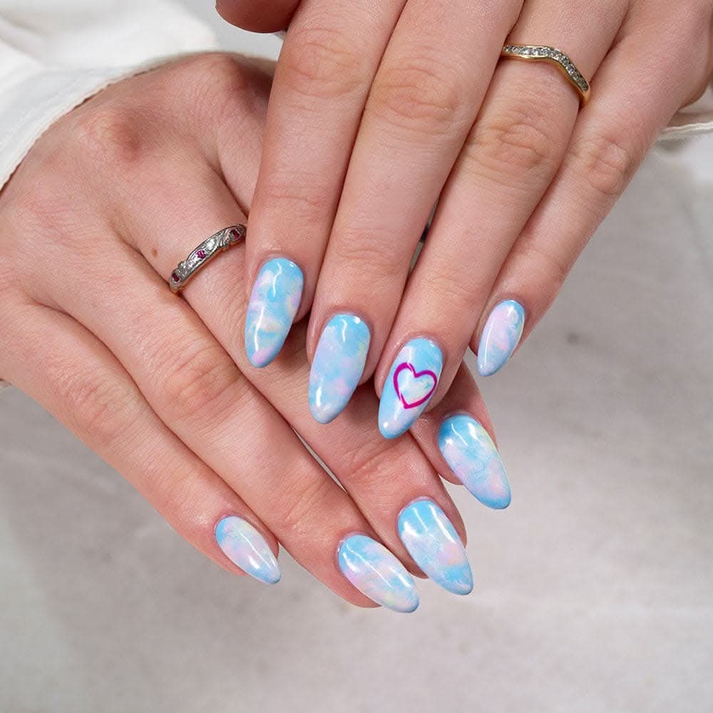 Light Blue Pink Marble Heart Outline Almond Nails Light Blue Pink Marble Heart Outline Almond Nails — Blooming Gel Nails