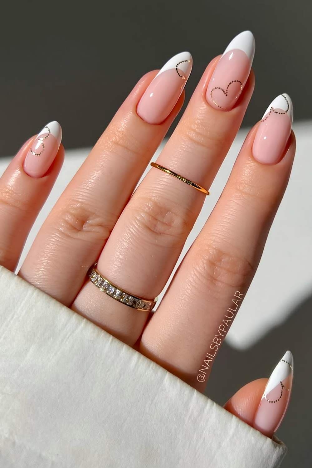 Medium Almond Nude French With Gold Heart Outlines Medium Almond Nude French With Gold Heart Outlines — Heart Nails