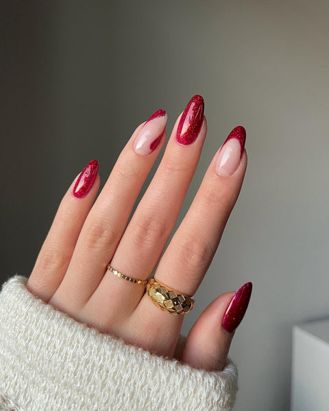 Glitter Red French Tip Almond Nails — Red Nails