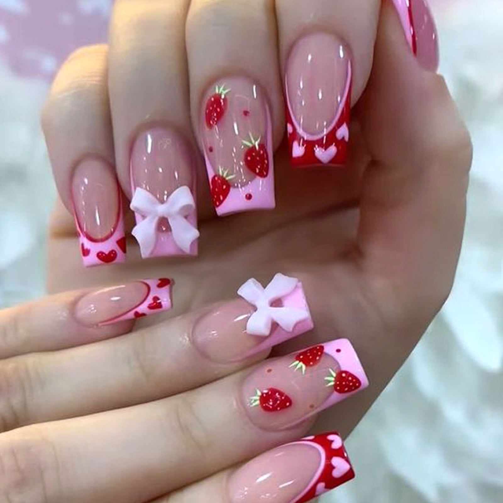 Playful Pink Strawberry 3D Bow Nails — Press On Nails