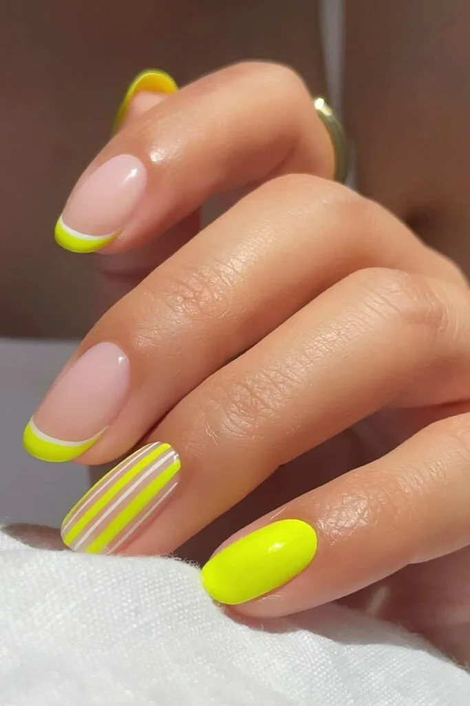 Yellow French Tips and Stripes Combo — Yellow Nails